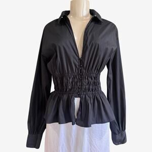 Guess Jane Shirred Shirt Smocked Waist Poplin Black Whimsigoth Casual Career